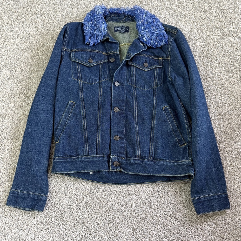Y2K Steve & Barry's Jacket Womens Small Denim Button Fuzzy Collar Relaxed Fit